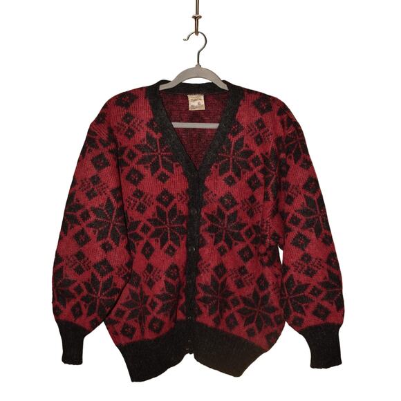 HILDA LTD Vintage Icelandic Wool Cardigan Red Black Nordic Snowflake Sweater L‎ - Picture 1 of 4